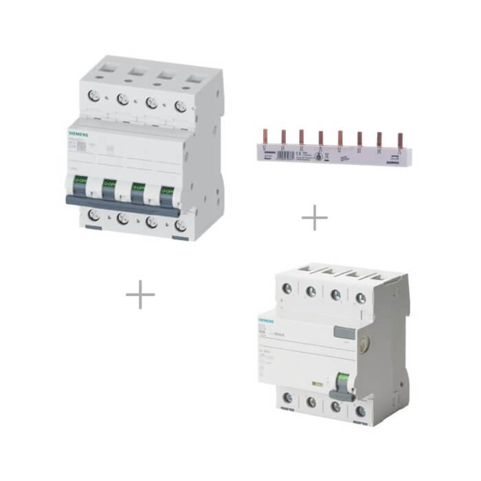 Siemens strāvas automātslēdzis+noplūdes strāvas automātslēdzis+ķemme aizsardzības iekārtas komplekts 11 kW uzlādes stacijām