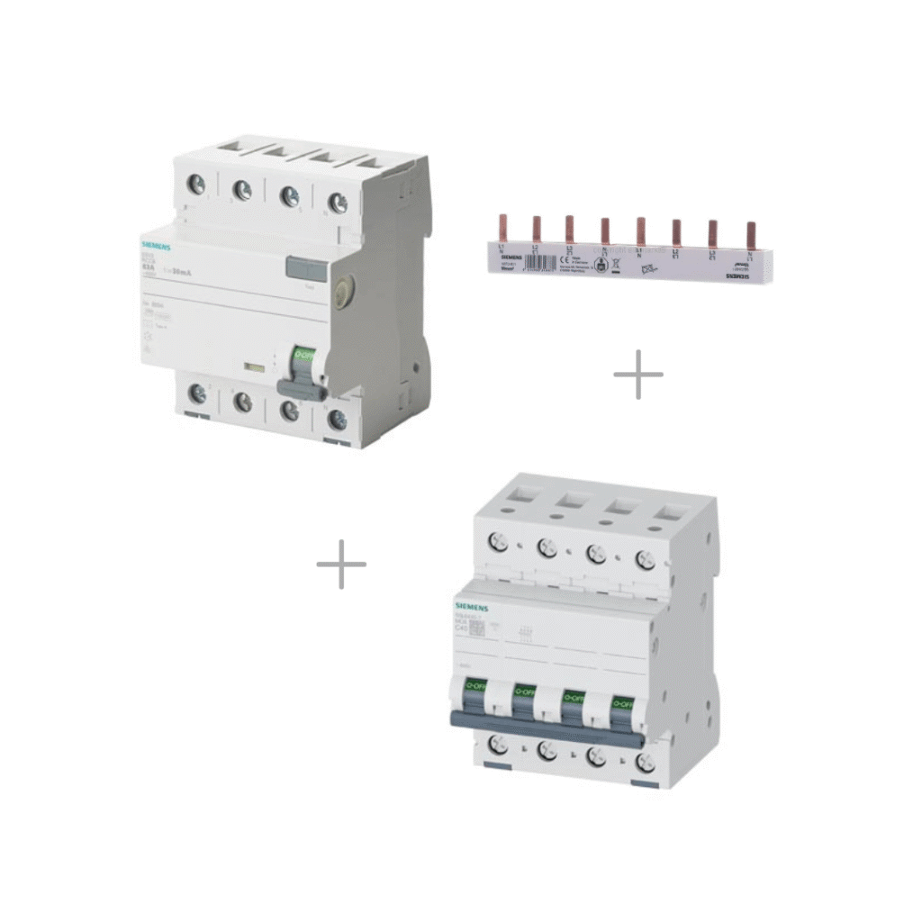 Siemens strāvas automātslēdzis + noplūdes strāvas automātslēdzis + ķemme aizsardzības iekārtas komplekts 22 kW uzlādes stacijām