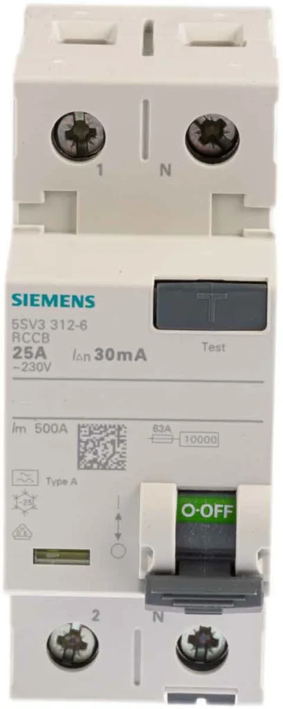 Siemens noplūdes strāvas aizsargslēdzis, 2-F, tips A, In: 25 A, 30 mA, Un AC: 230 V